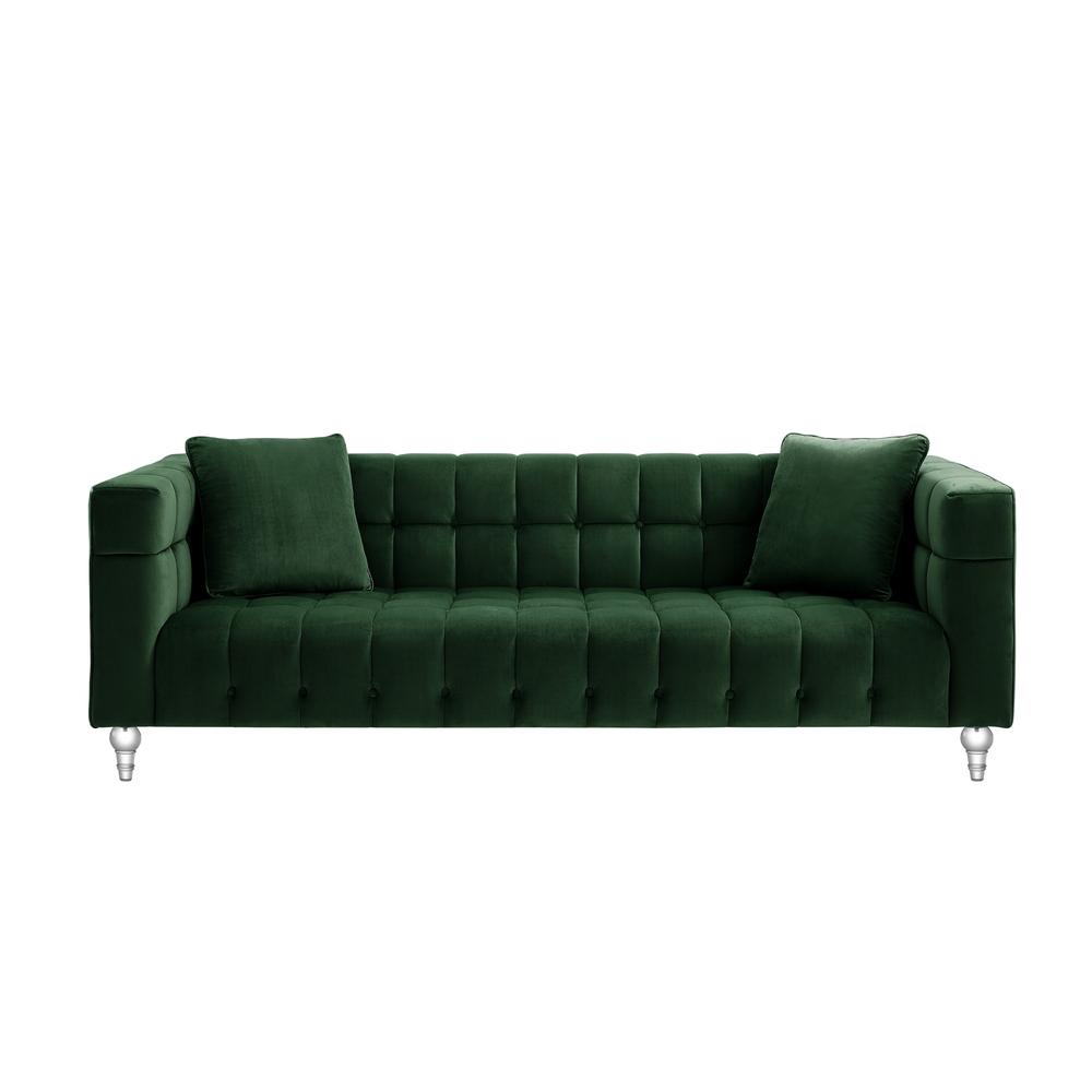 88" Hunter Green Velvet and Clear Sofa and Toss Pillows. Picture 3