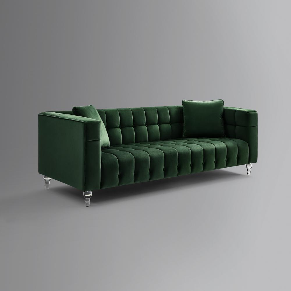 88" Hunter Green Velvet and Clear Sofa and Toss Pillows. Picture 8