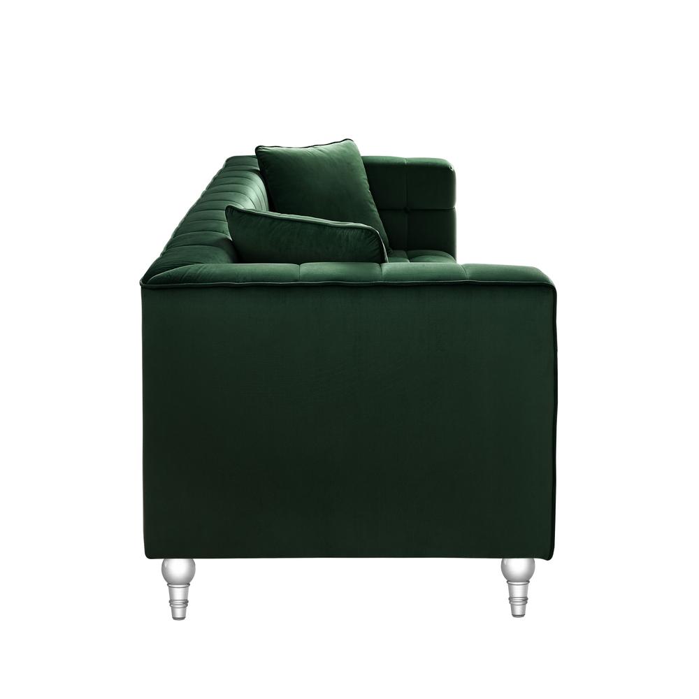 88" Hunter Green Velvet and Clear Sofa and Toss Pillows. Picture 6