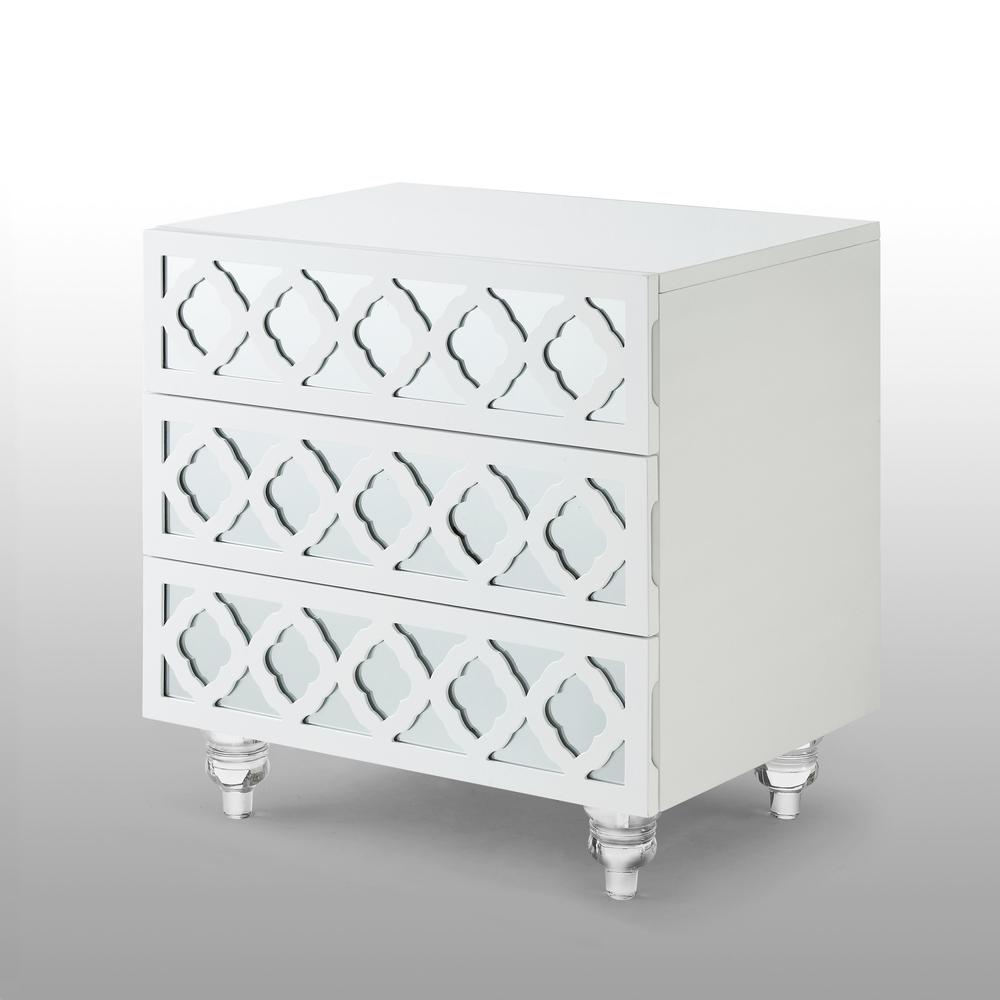 24" Clear and White Mirrored End Table with Three Drawers. Picture 7