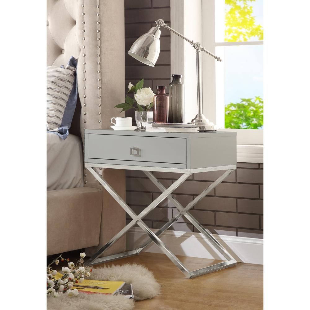 25" Silver Metallic and Light Gray End Table with Drawer. Picture 8
