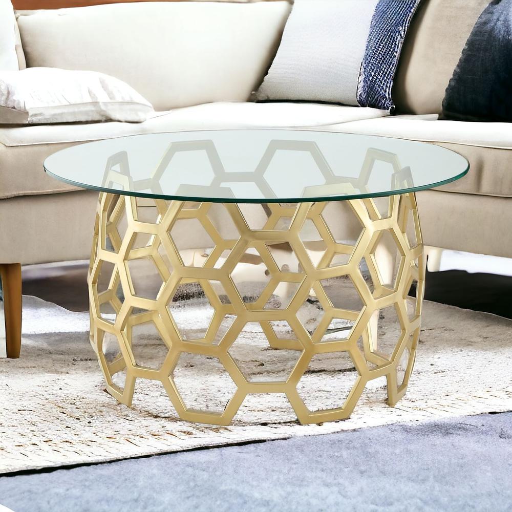 32" Clear And Gold Glass And Iron Round Coffee Table. Picture 2
