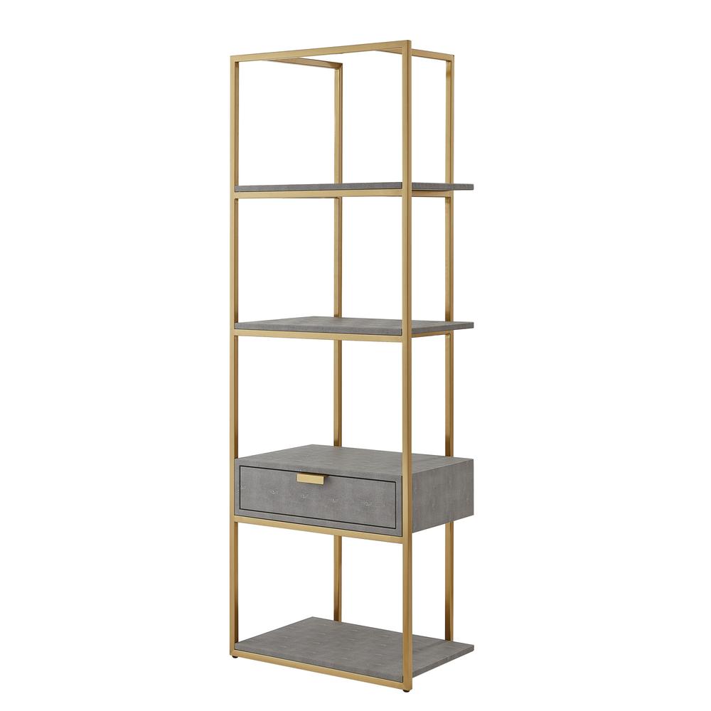68" Gray Stainless Steel Four Tier Etagere Bookcase with a drawer. Picture 1