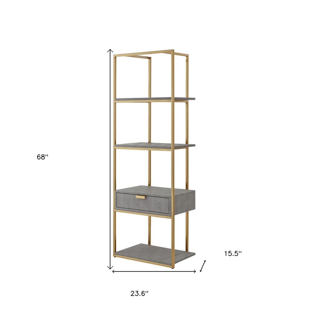 68" Gray Stainless Steel Four Tier Etagere Bookcase with a drawer. Picture 6