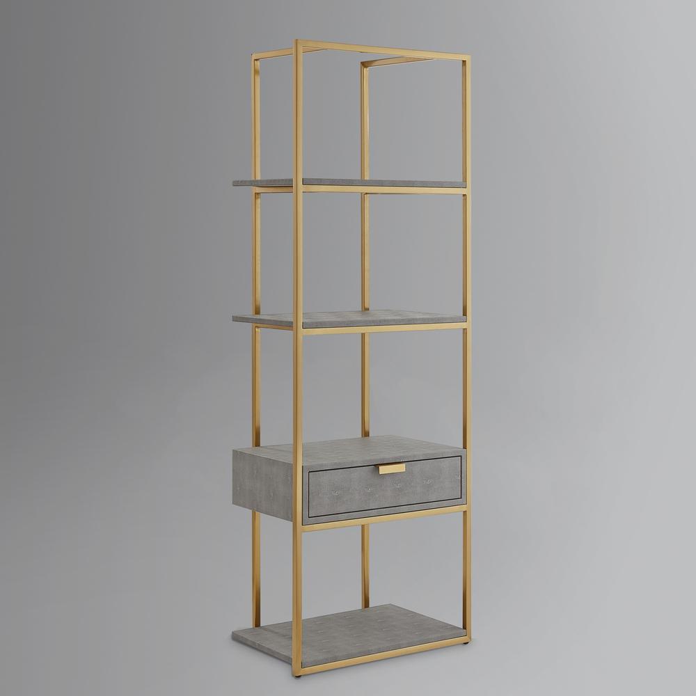 68" Gray Stainless Steel Four Tier Etagere Bookcase with a drawer. Picture 4