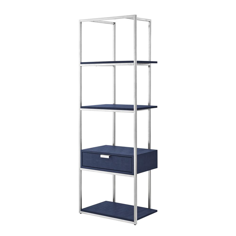 68" Navy Blue Stainless Steel Four Tier Etagere Bookcase with a drawer. Picture 1