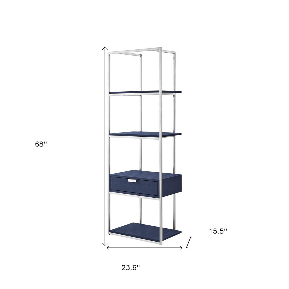 68" Navy Blue Stainless Steel Four Tier Etagere Bookcase with a drawer. Picture 6