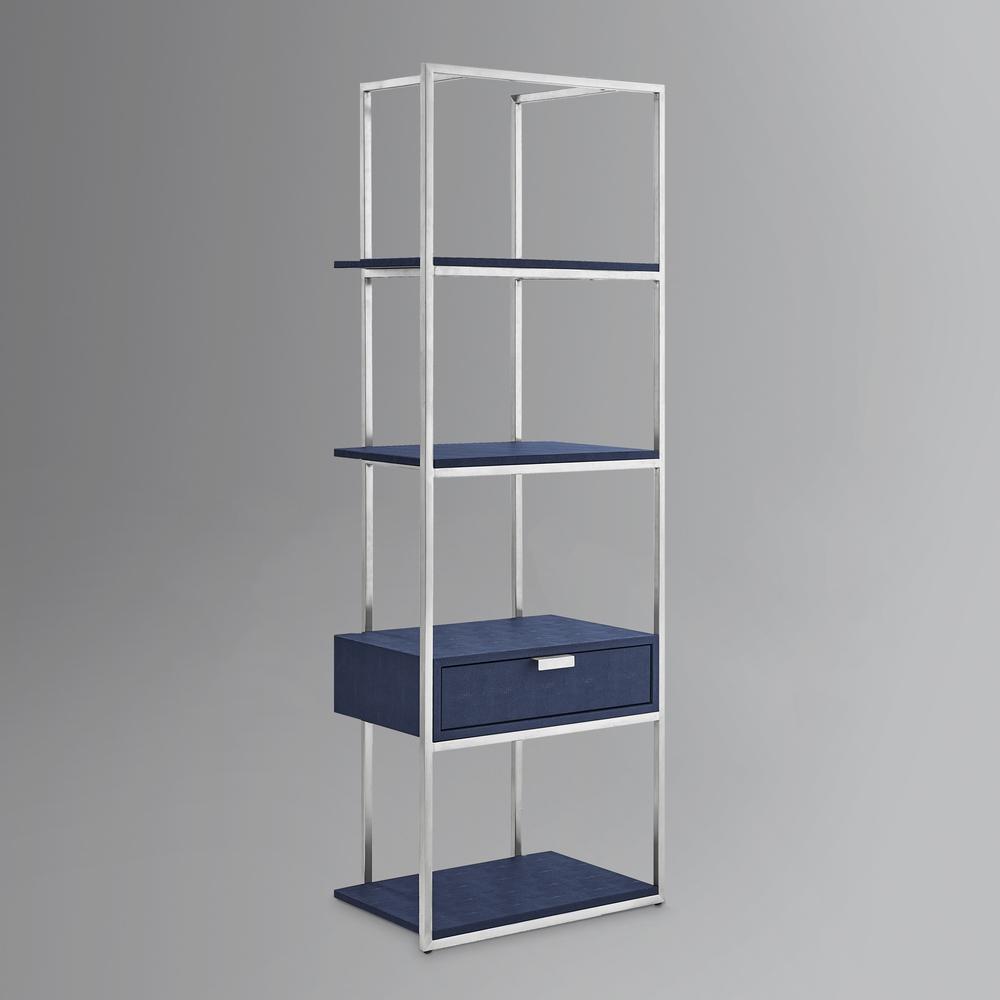 68" Navy Blue Stainless Steel Four Tier Etagere Bookcase with a drawer. Picture 4