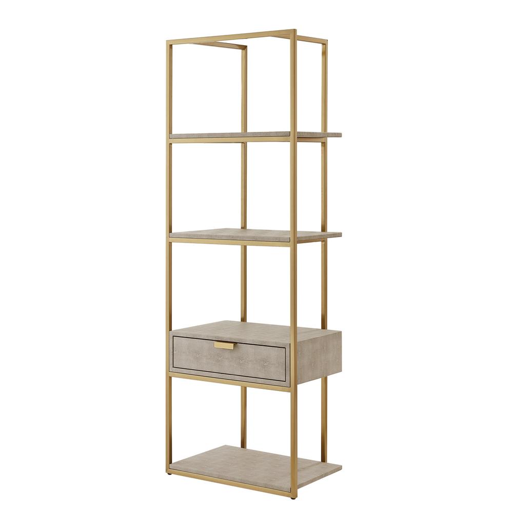 68" Cream Stainless Steel Four Tier Etagere Bookcase with a drawer. Picture 1