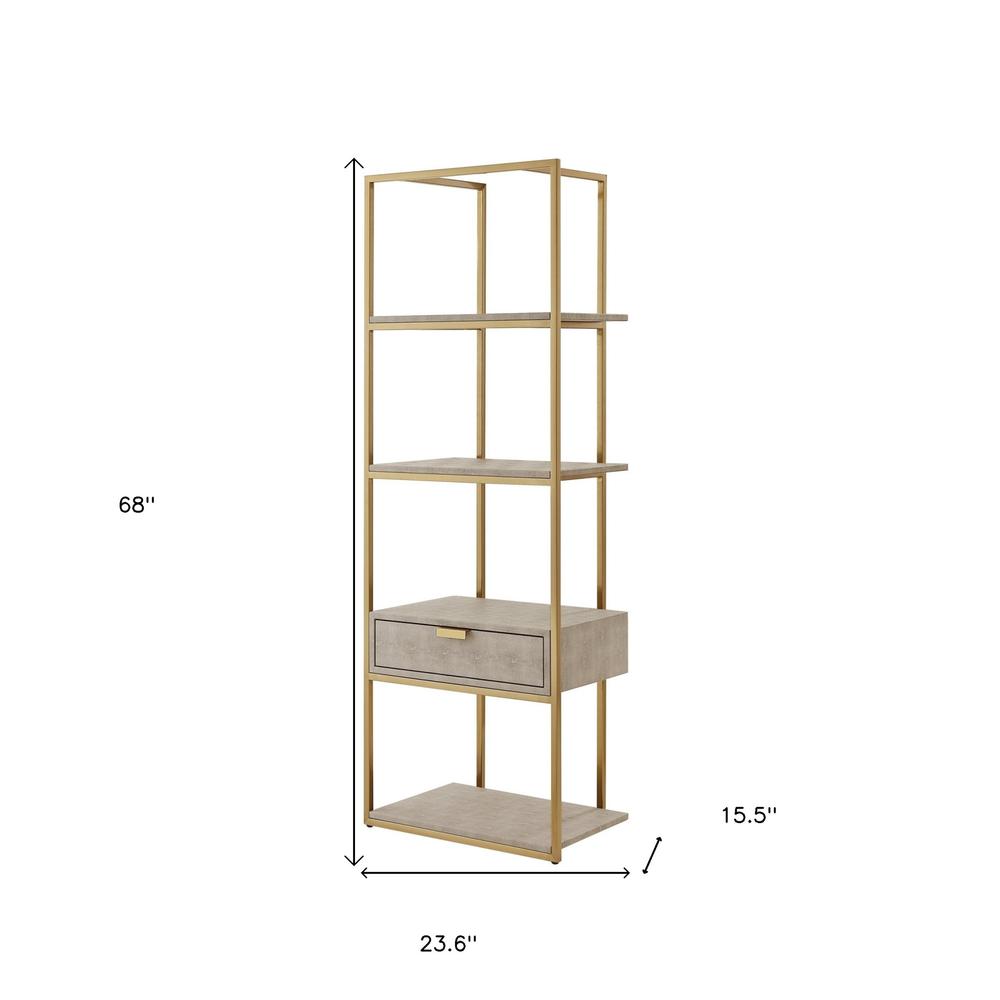 68" Cream Stainless Steel Four Tier Etagere Bookcase with a drawer. Picture 6