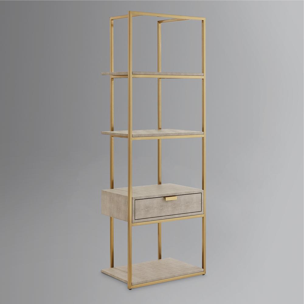 68" Cream Stainless Steel Four Tier Etagere Bookcase with a drawer. Picture 4