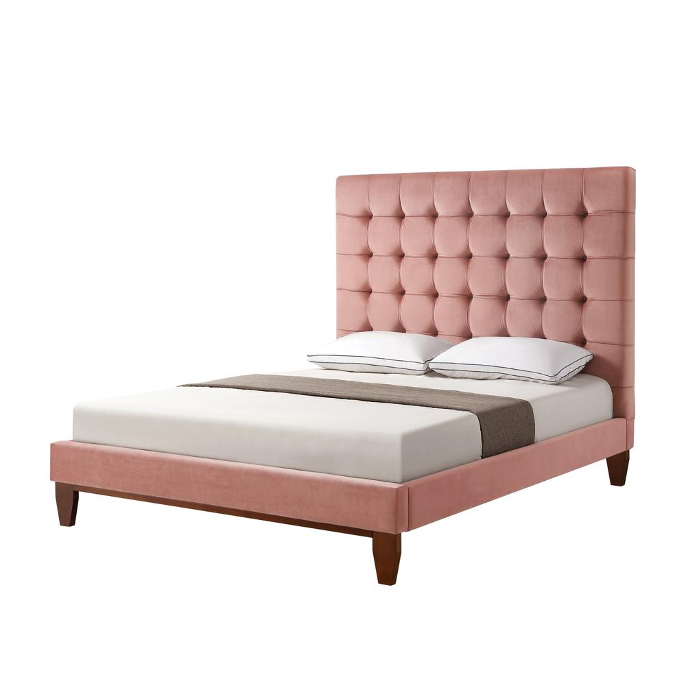 Blush Solid Wood Queen Tufted Upholstered Velvet Bed. Picture 1