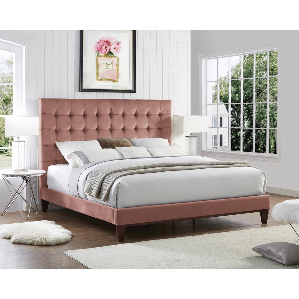 Blush Solid Wood Queen Tufted Upholstered Velvet Bed. Picture 9