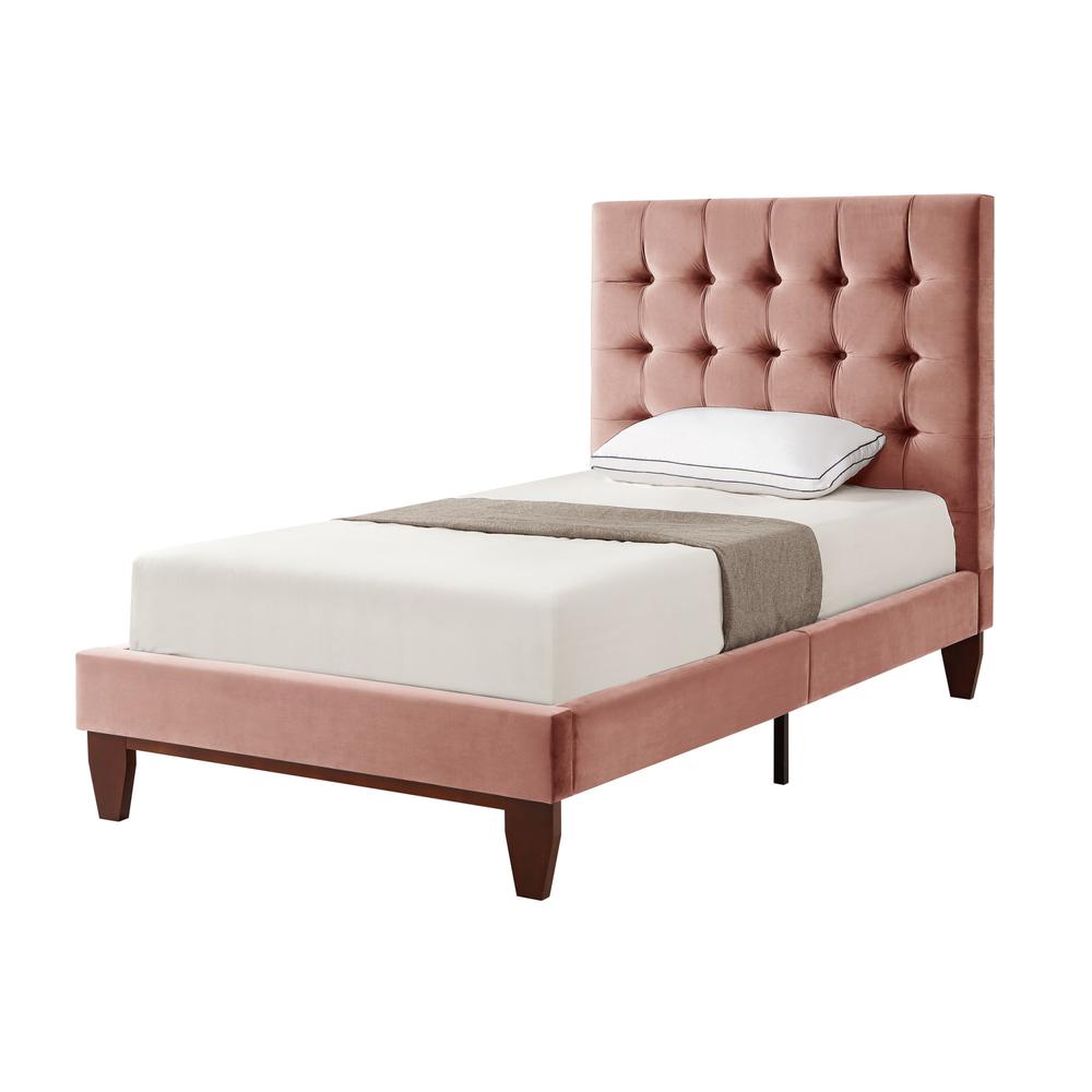 Blush Solid Wood Twin Tufted Upholstered Velvet Bed. Picture 1