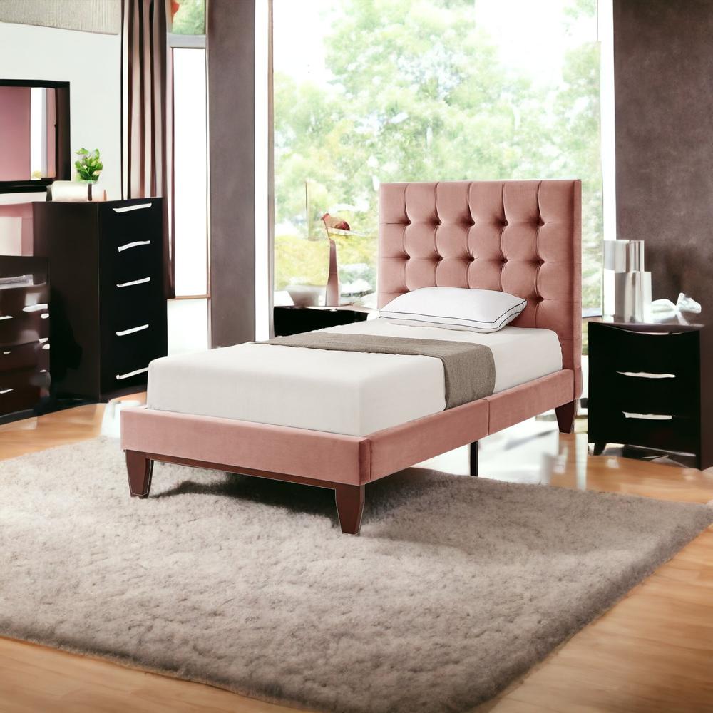 Blush Solid Wood Twin Tufted Upholstered Velvet Bed. Picture 2