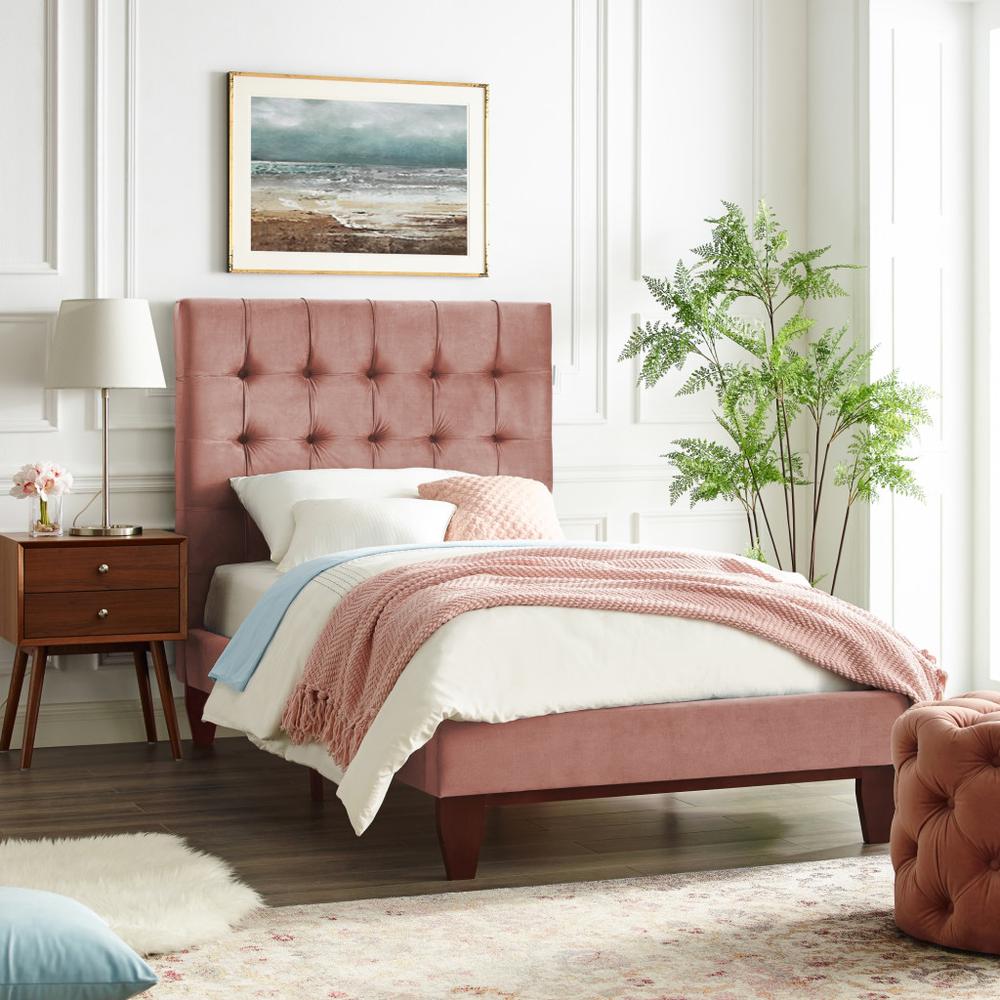 Blush Solid Wood Twin Tufted Upholstered Velvet Bed. Picture 9