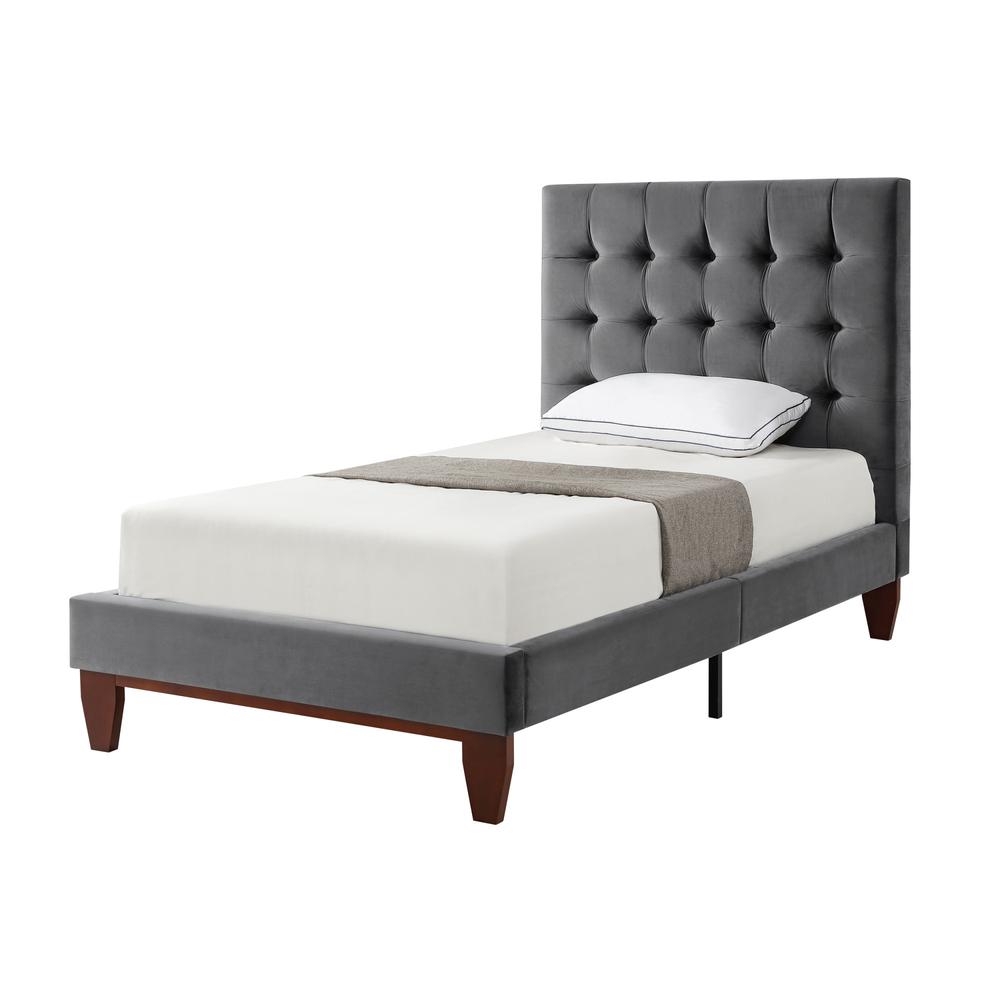 Gray Solid Wood Twin Tufted Upholstered Velvet Bed. Picture 1
