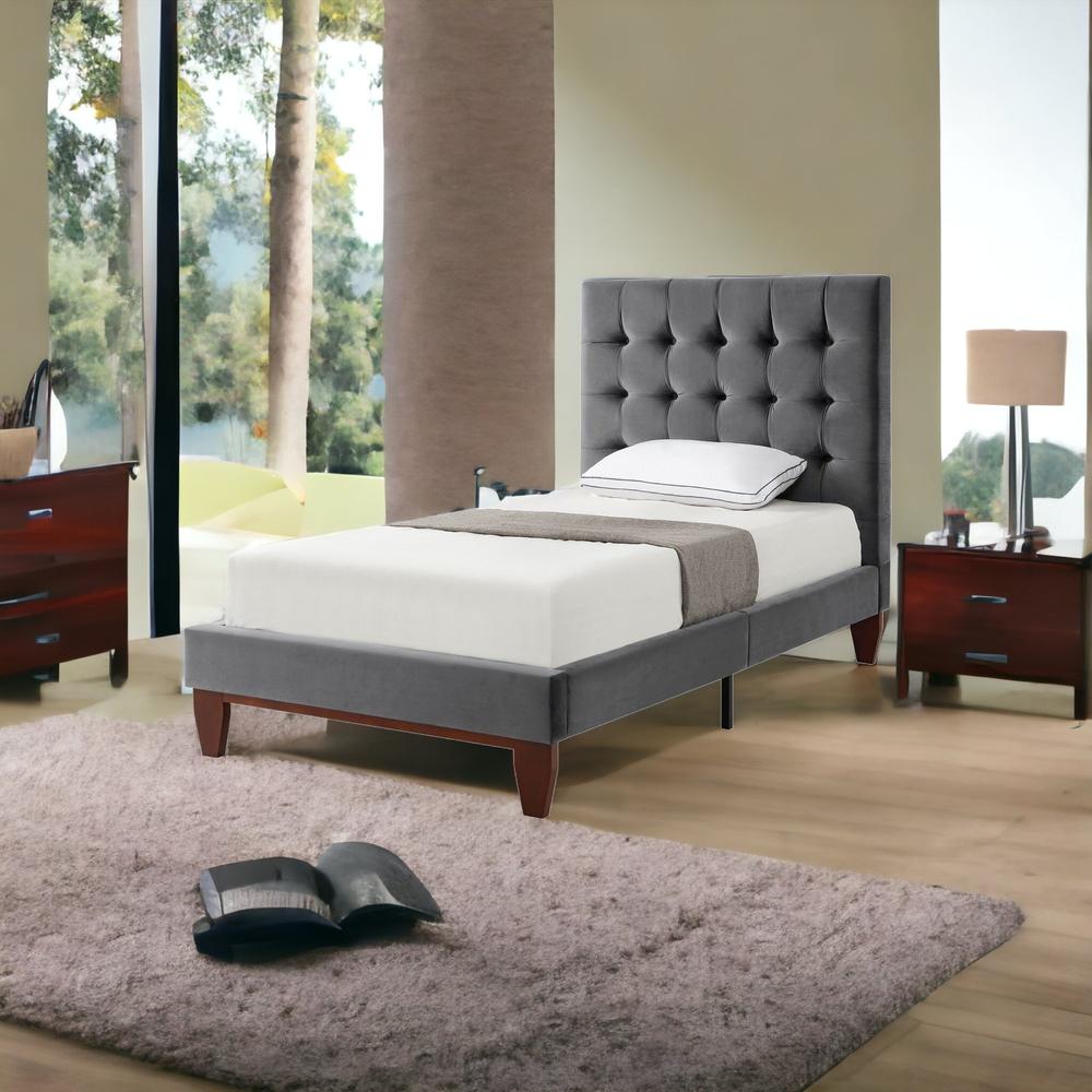 Gray Solid Wood Twin Tufted Upholstered Velvet Bed. Picture 2