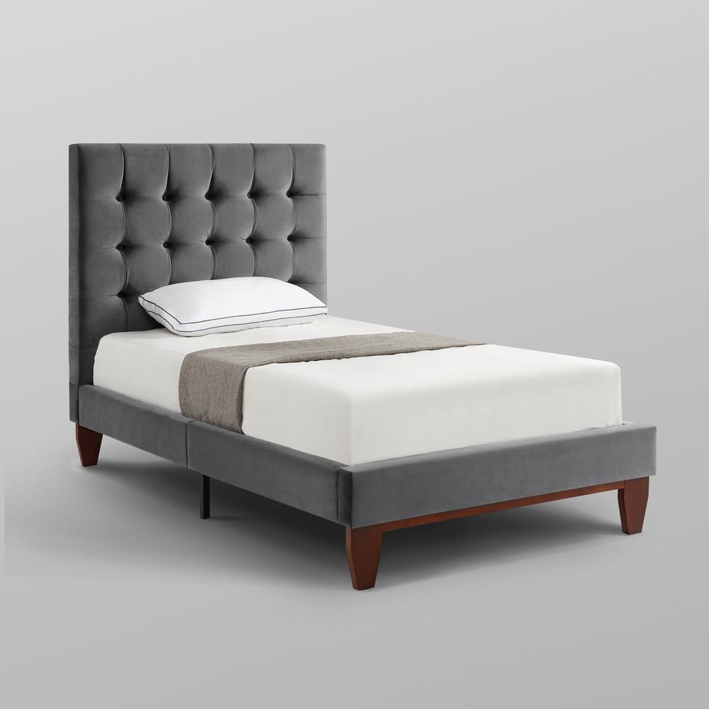 Gray Solid Wood Twin Tufted Upholstered Velvet Bed. Picture 8