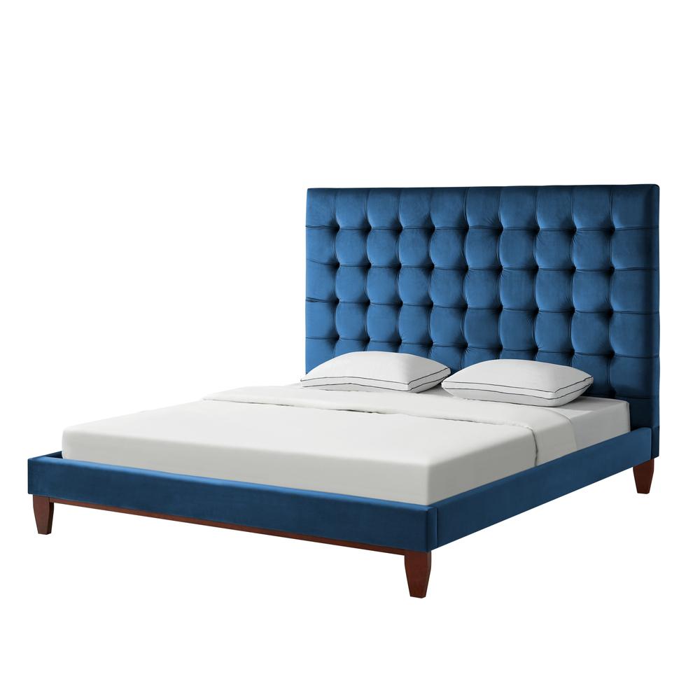 Navy Blue Solid Wood King Tufted Upholstered Velvet Bed. Picture 1