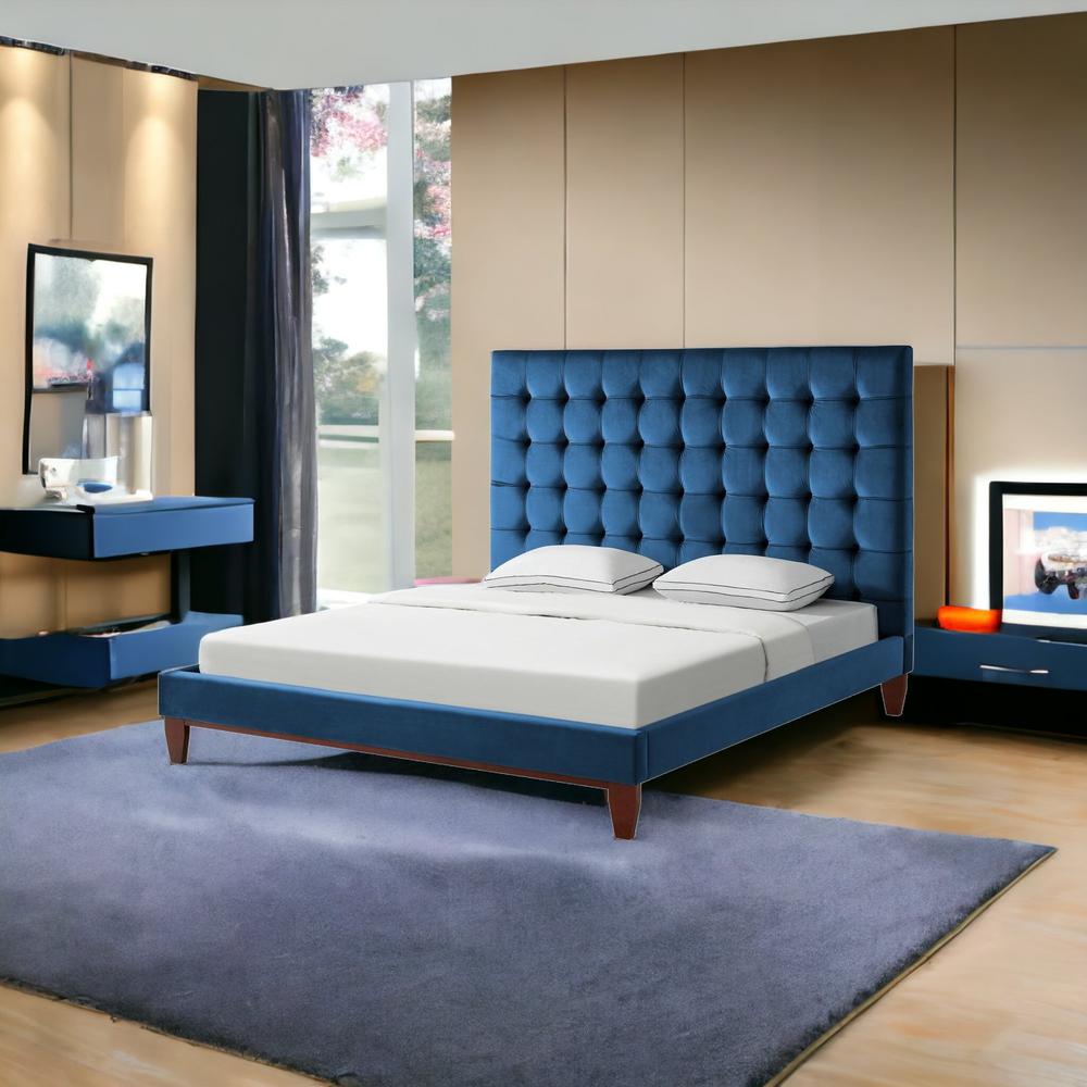 Navy Blue Solid Wood King Tufted Upholstered Velvet Bed. Picture 2