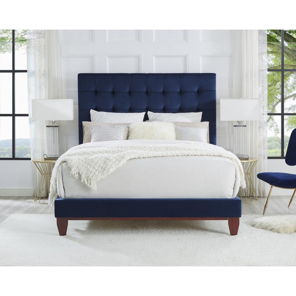 Navy Blue Solid Wood King Tufted Upholstered Velvet Bed. Picture 9