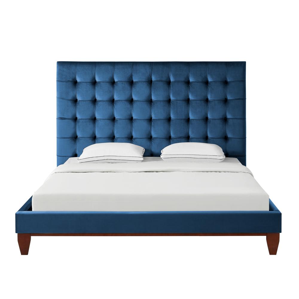 Navy Blue Solid Wood King Tufted Upholstered Velvet Bed. Picture 3