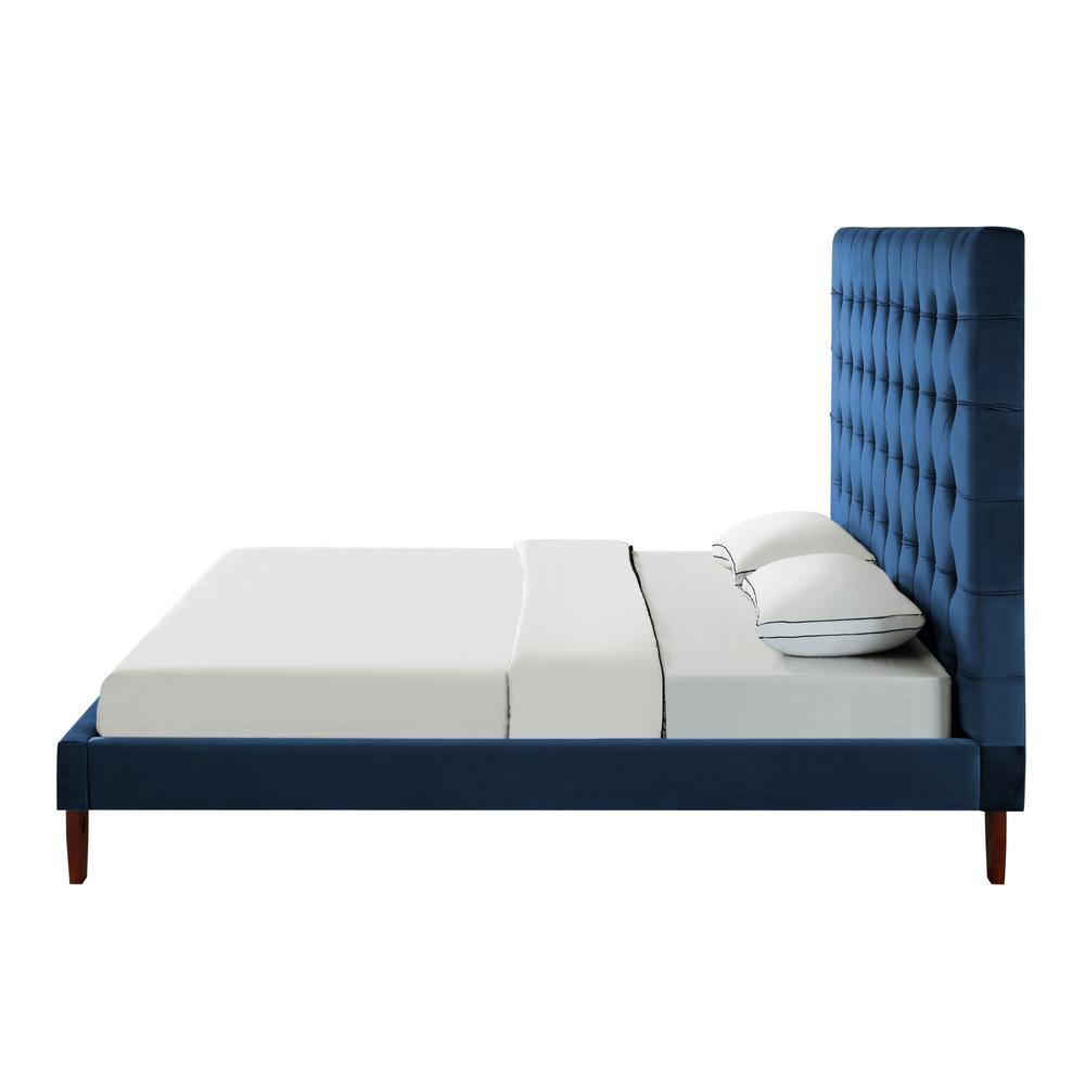 Navy Blue Solid Wood King Tufted Upholstered Velvet Bed. Picture 4