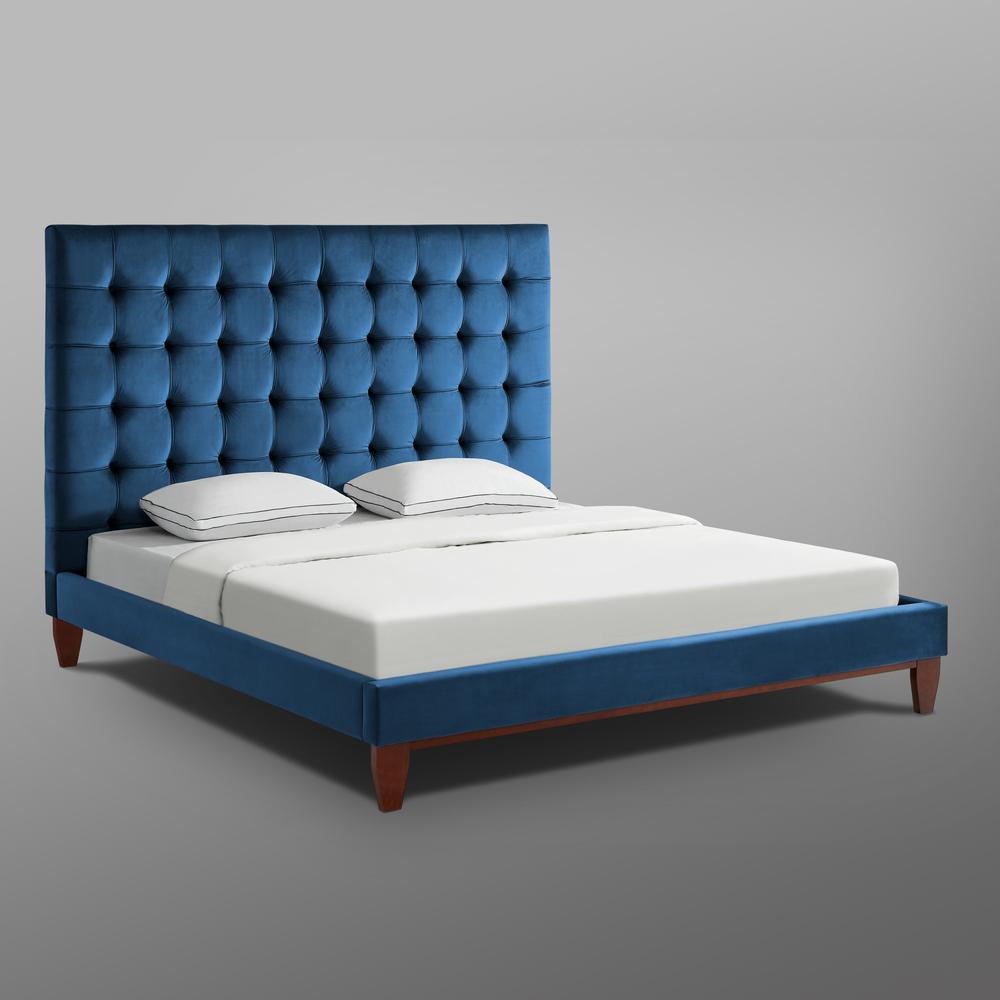 Navy Blue Solid Wood King Tufted Upholstered Velvet Bed. Picture 8