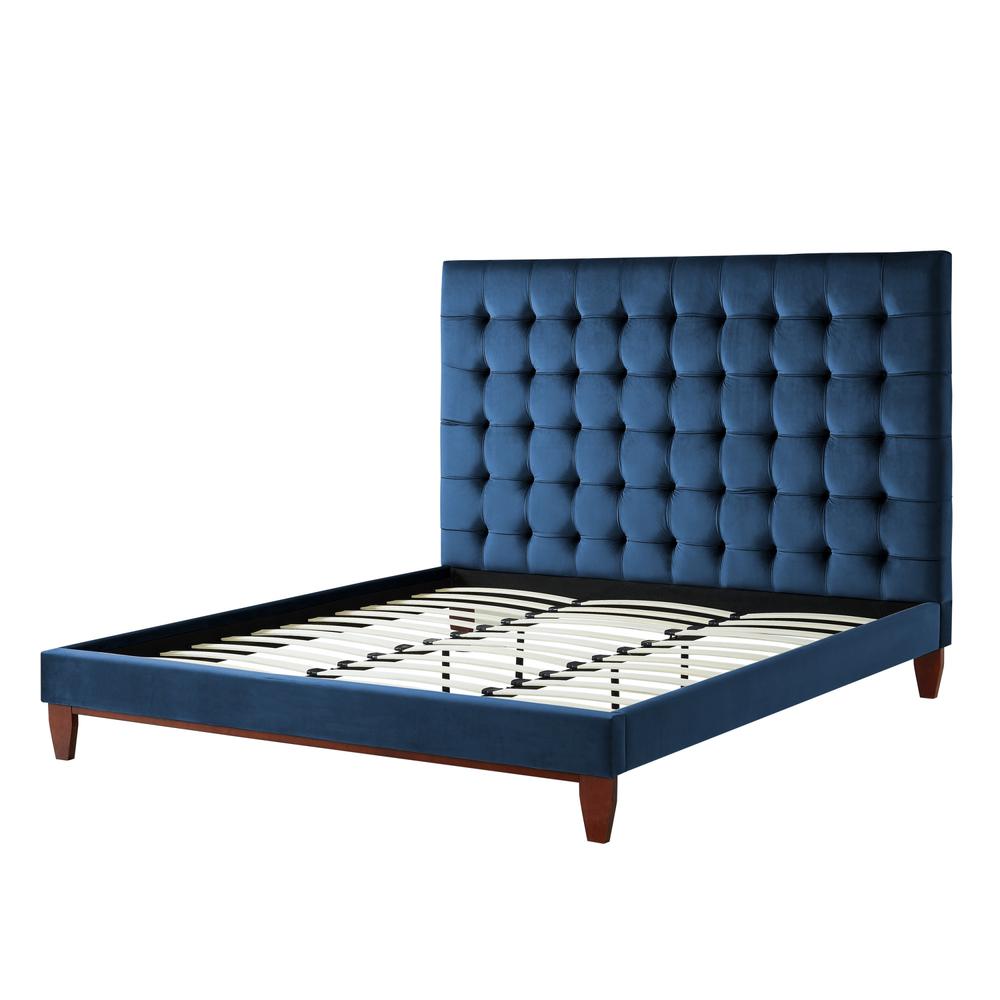 Navy Blue Solid Wood King Tufted Upholstered Velvet Bed. Picture 5