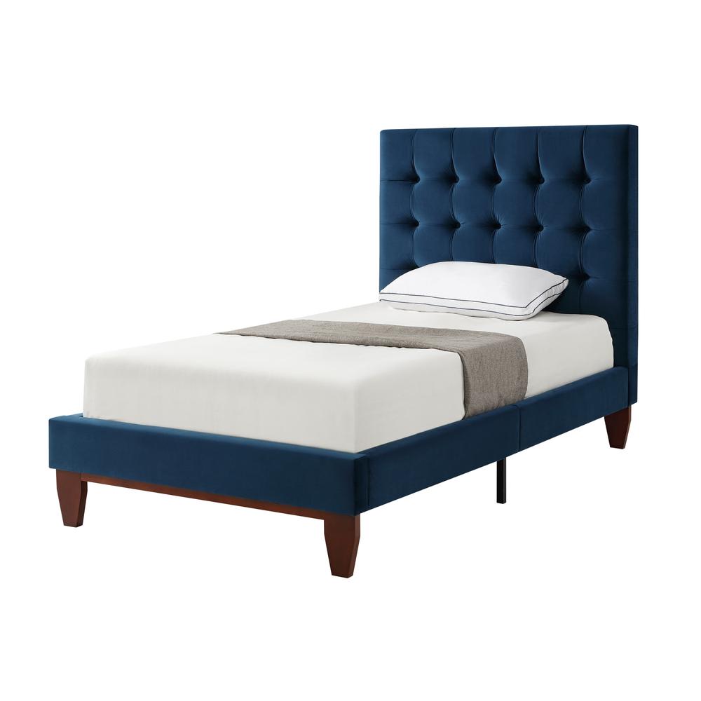 Navy Blue Solid Wood Twin Tufted Upholstered Velvet Bed. Picture 1