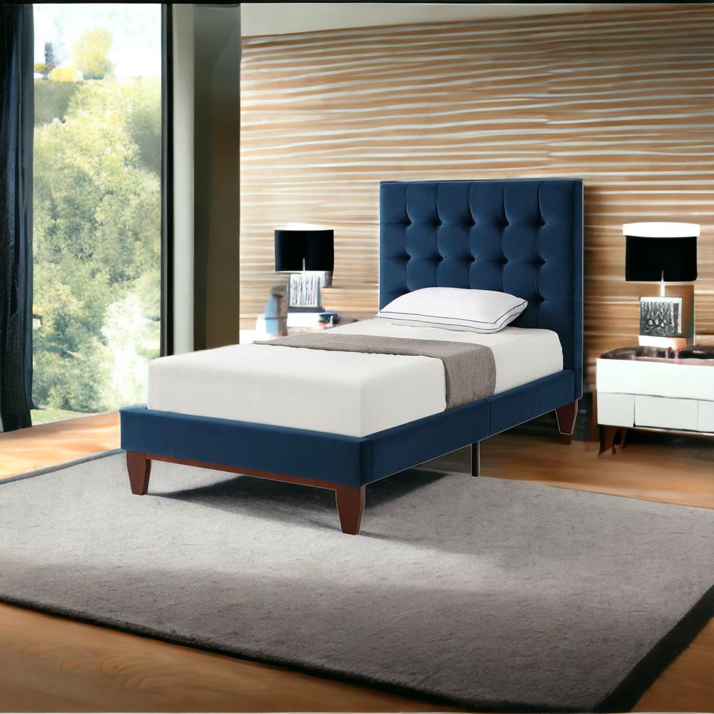 Navy Blue Solid Wood Twin Tufted Upholstered Velvet Bed. Picture 2
