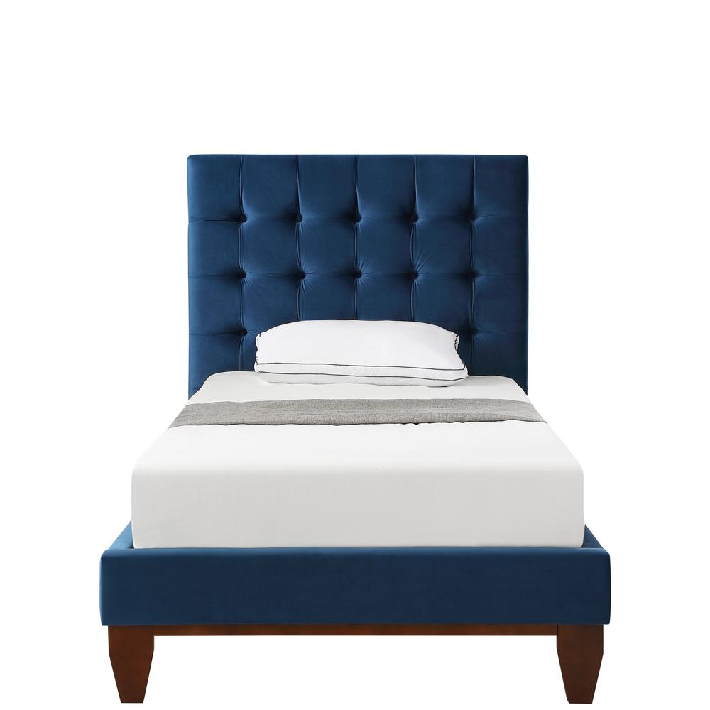 Navy Blue Solid Wood Twin Tufted Upholstered Velvet Bed. Picture 3