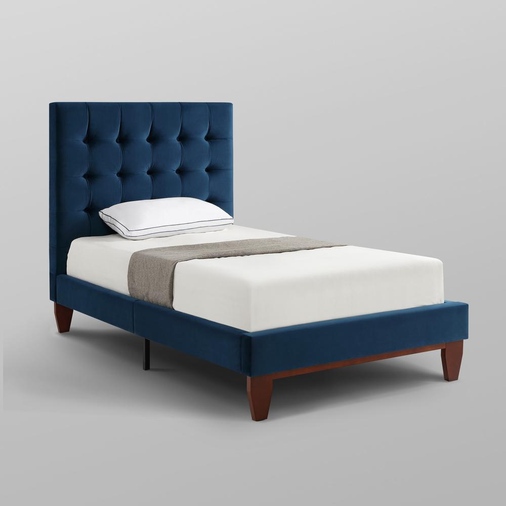 Navy Blue Solid Wood Twin Tufted Upholstered Velvet Bed. Picture 8