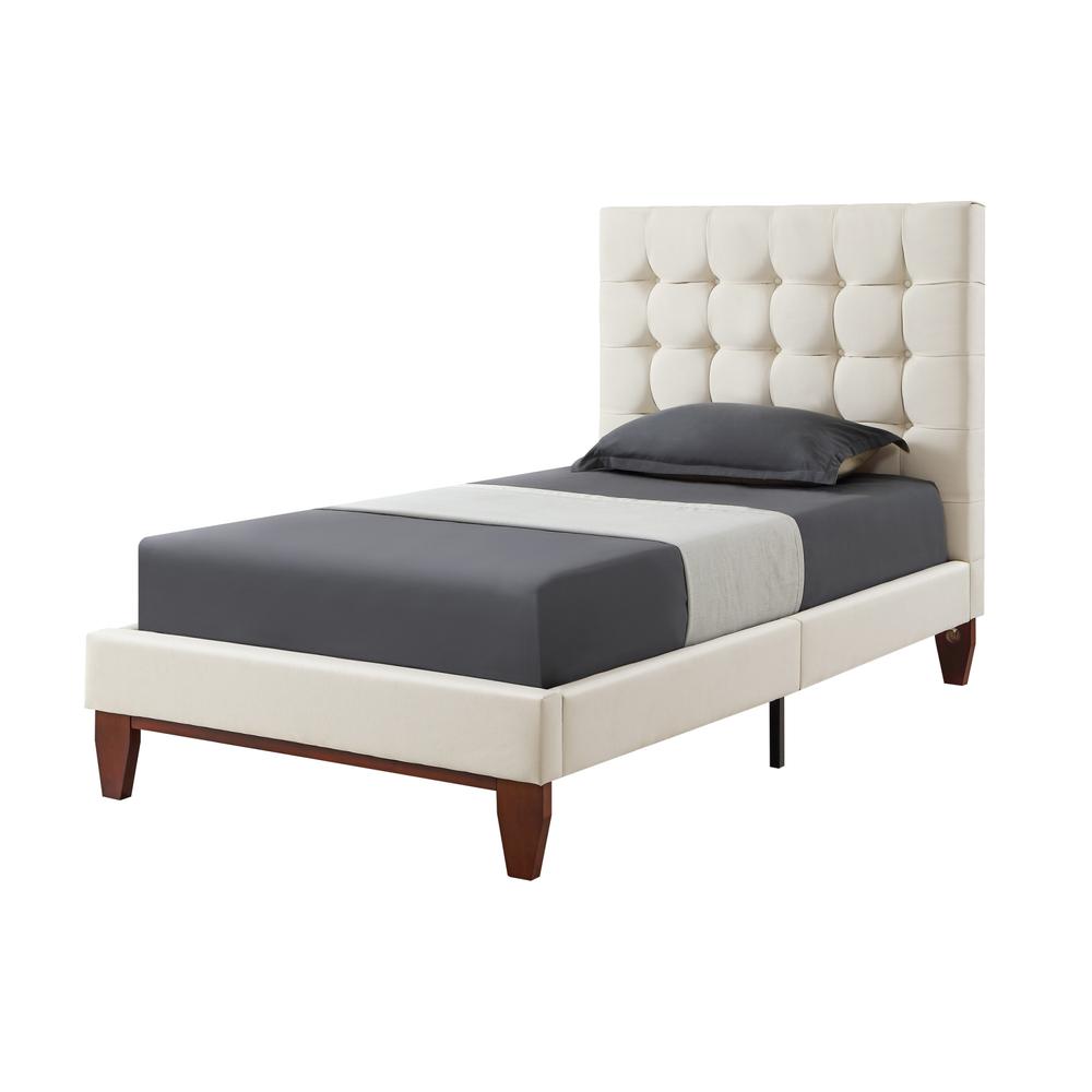 Beige Solid Wood Twin Tufted Upholstered Linen Bed. Picture 1