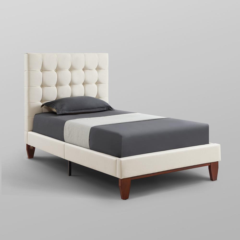 Beige Solid Wood Twin Tufted Upholstered Linen Bed. Picture 8