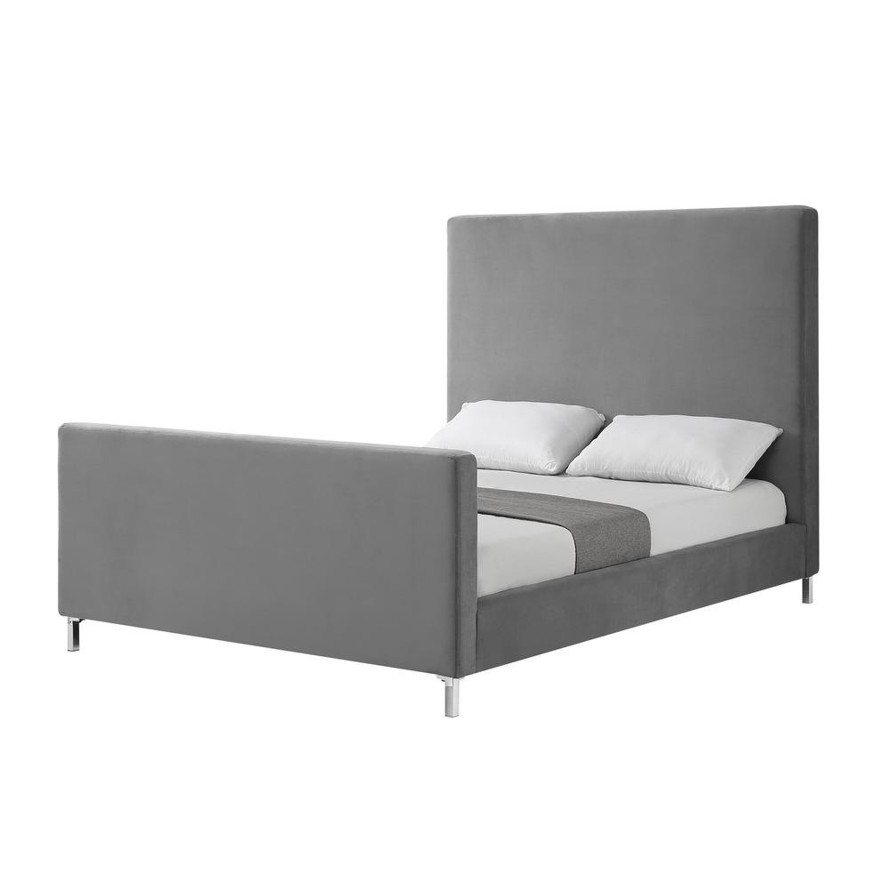 Gray Solid Wood Queen Upholstered Velvet Bed. Picture 1