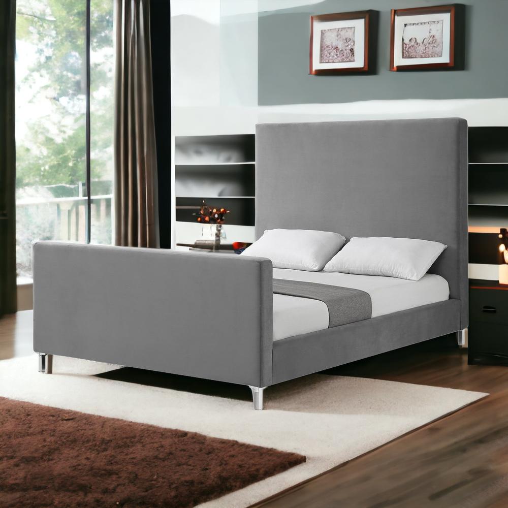 Gray Solid Wood Queen Upholstered Velvet Bed. Picture 2