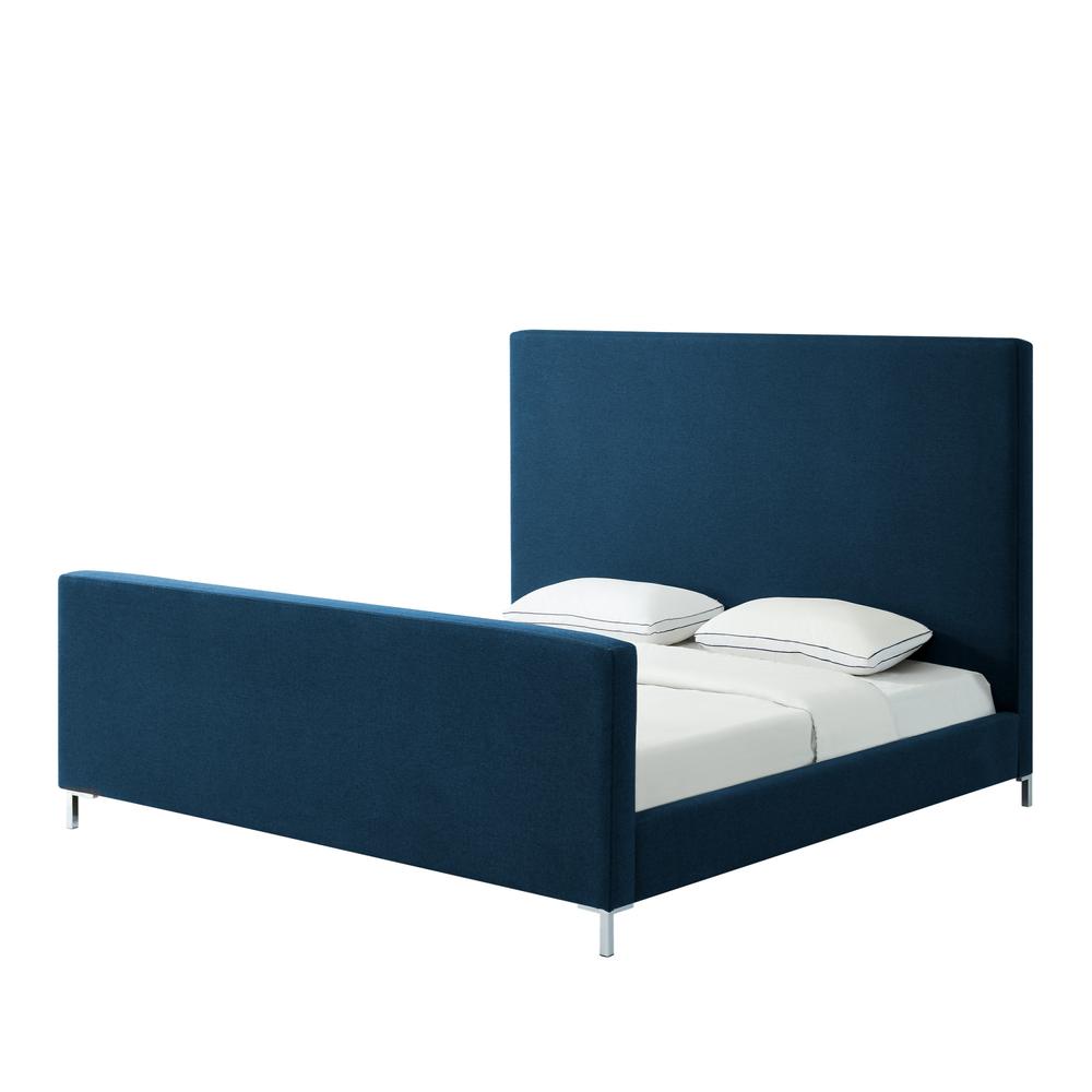 Denim Blue Solid Wood King Upholstered Linen Bed. Picture 1