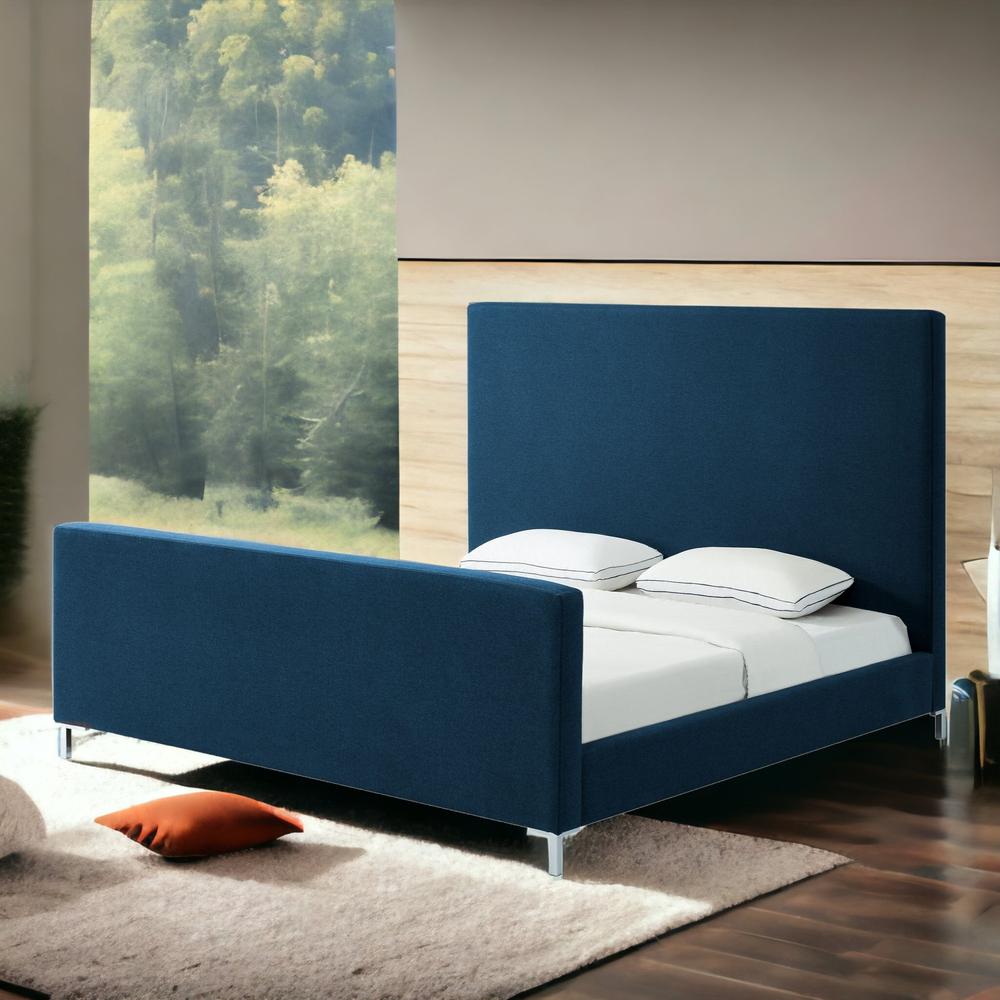 Denim Blue Solid Wood King Upholstered Linen Bed. Picture 2
