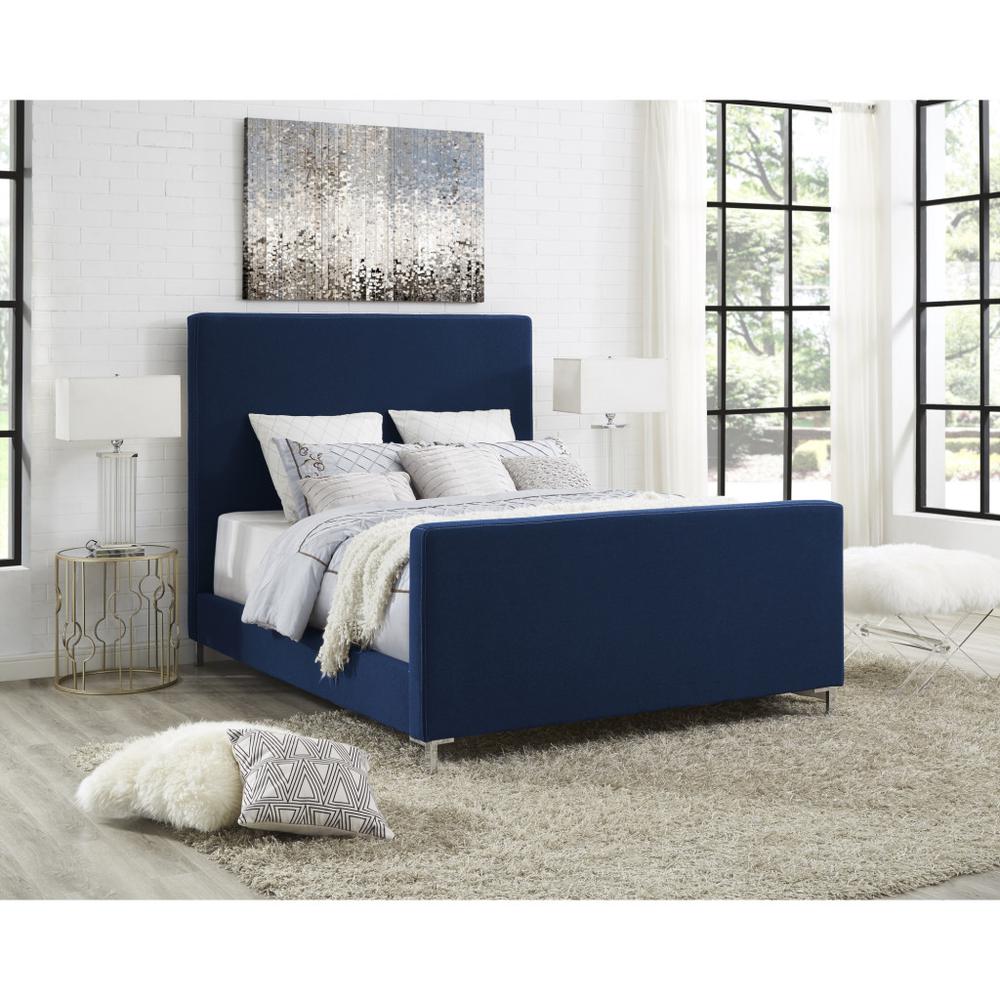 Denim Blue Solid Wood King Upholstered Linen Bed. Picture 8