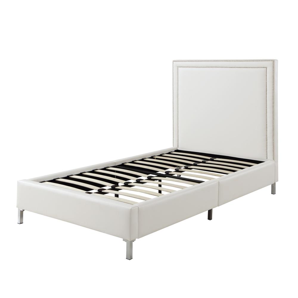 White Solid Wood Twin Upholstered Faux Leather Bed with Nailhead Trim. Picture 5