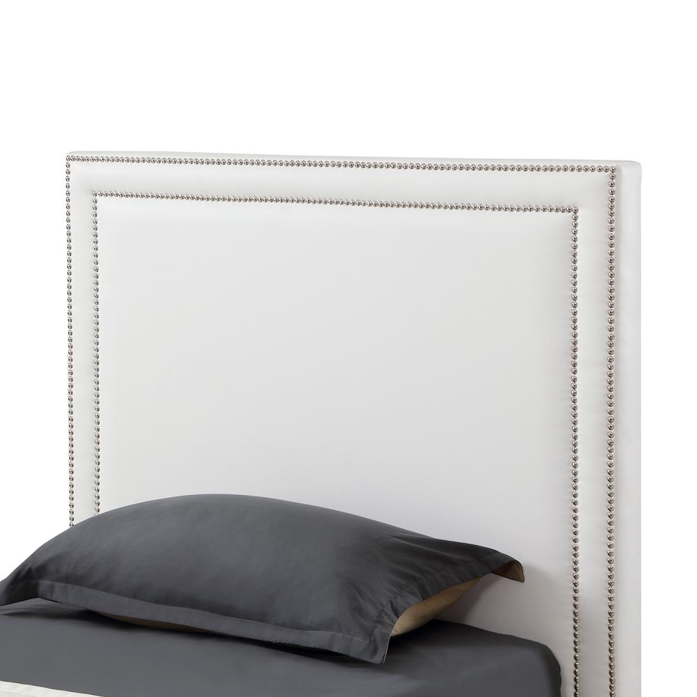 White Solid Wood Twin Upholstered Faux Leather Bed with Nailhead Trim. Picture 6