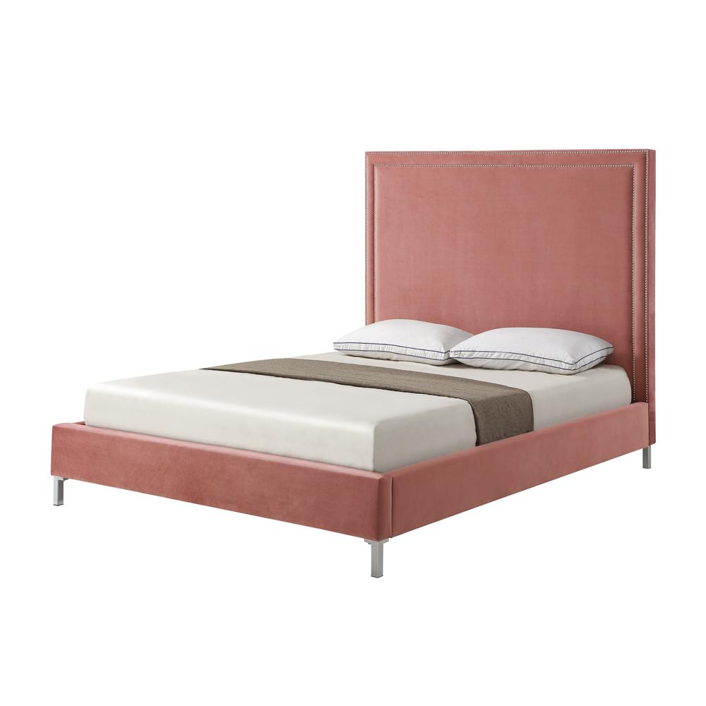 Blush Solid Wood Queen Upholstered Velvet Bed with Nailhead Trim. Picture 1