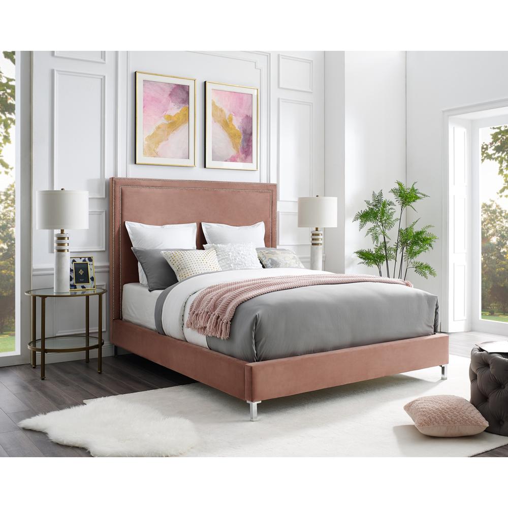 Blush Solid Wood Queen Upholstered Velvet Bed with Nailhead Trim. Picture 8