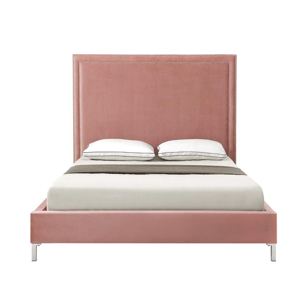 Blush Solid Wood Queen Upholstered Velvet Bed with Nailhead Trim. Picture 3