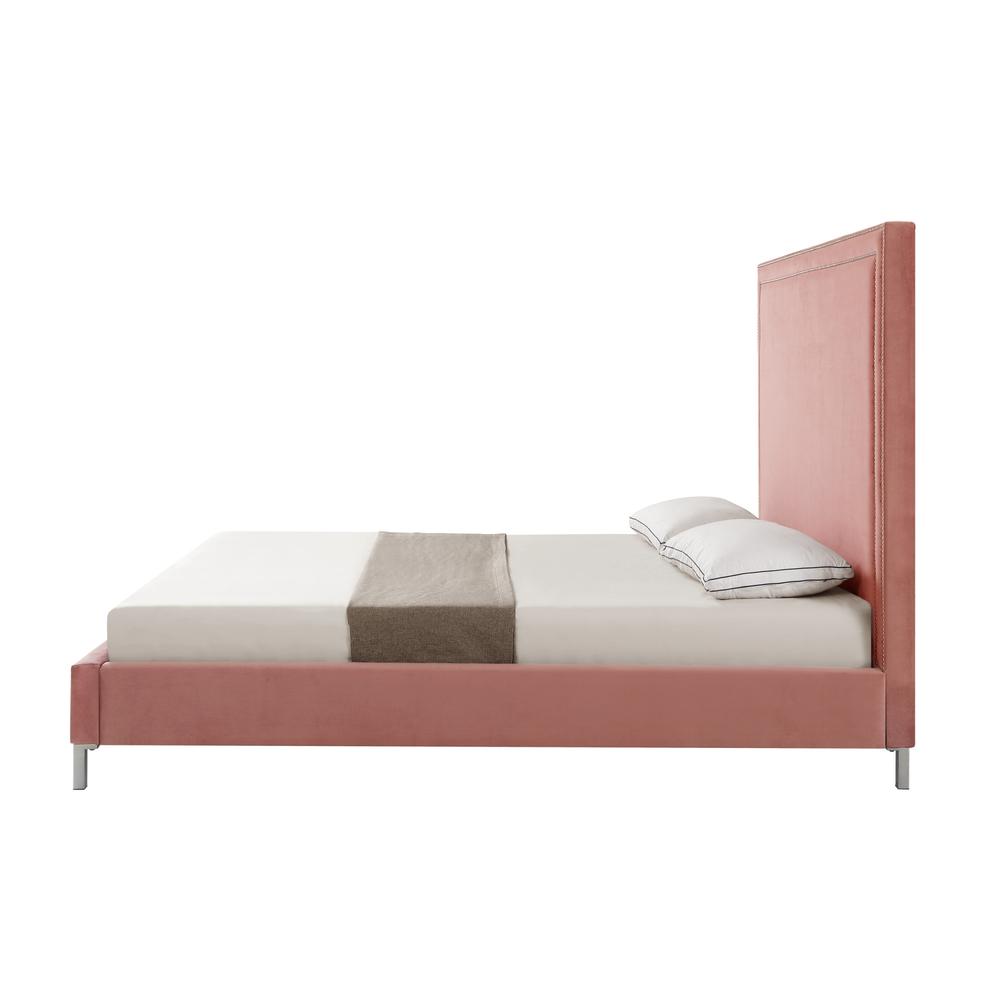 Blush Solid Wood Queen Upholstered Velvet Bed with Nailhead Trim. Picture 4