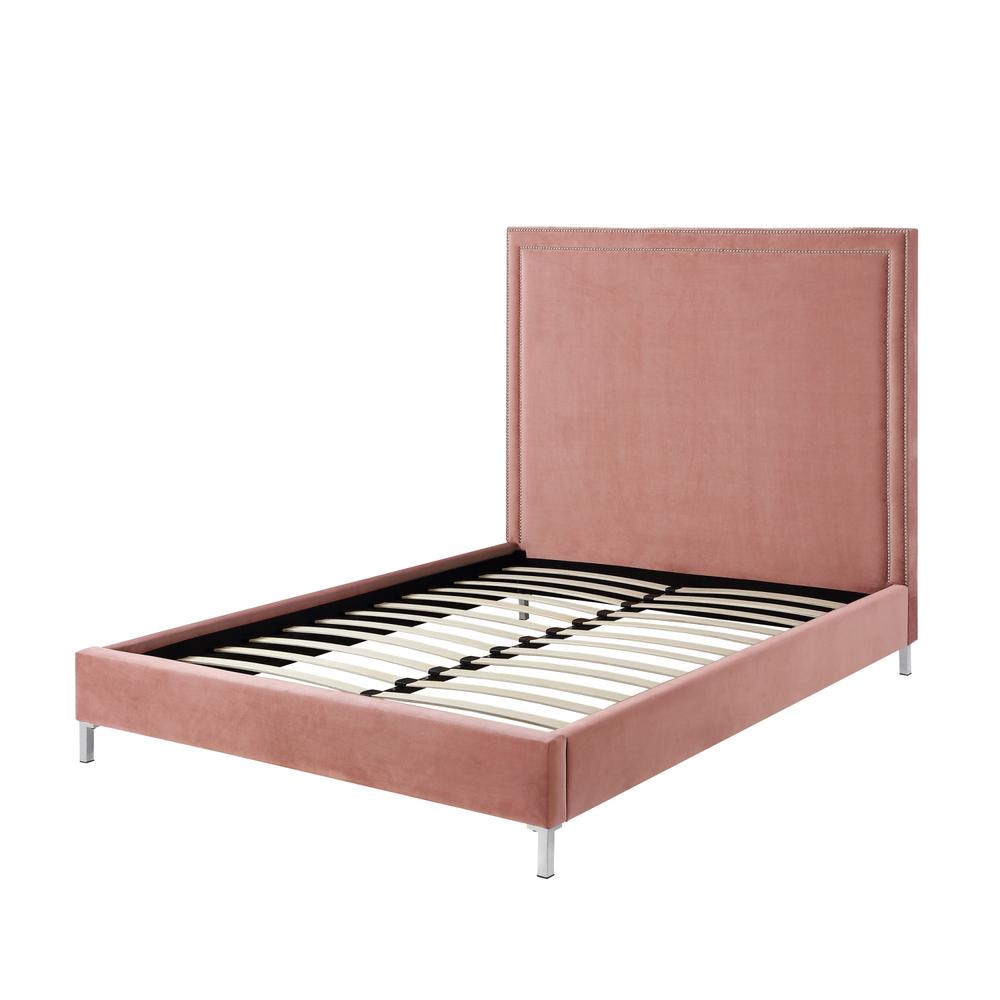 Blush Solid Wood Queen Upholstered Velvet Bed with Nailhead Trim. Picture 5