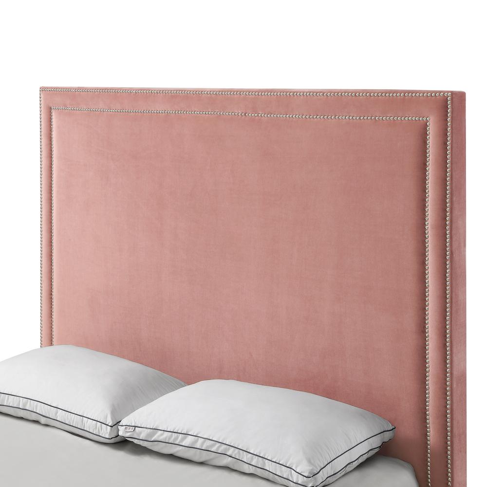 Blush Solid Wood Queen Upholstered Velvet Bed with Nailhead Trim. Picture 6