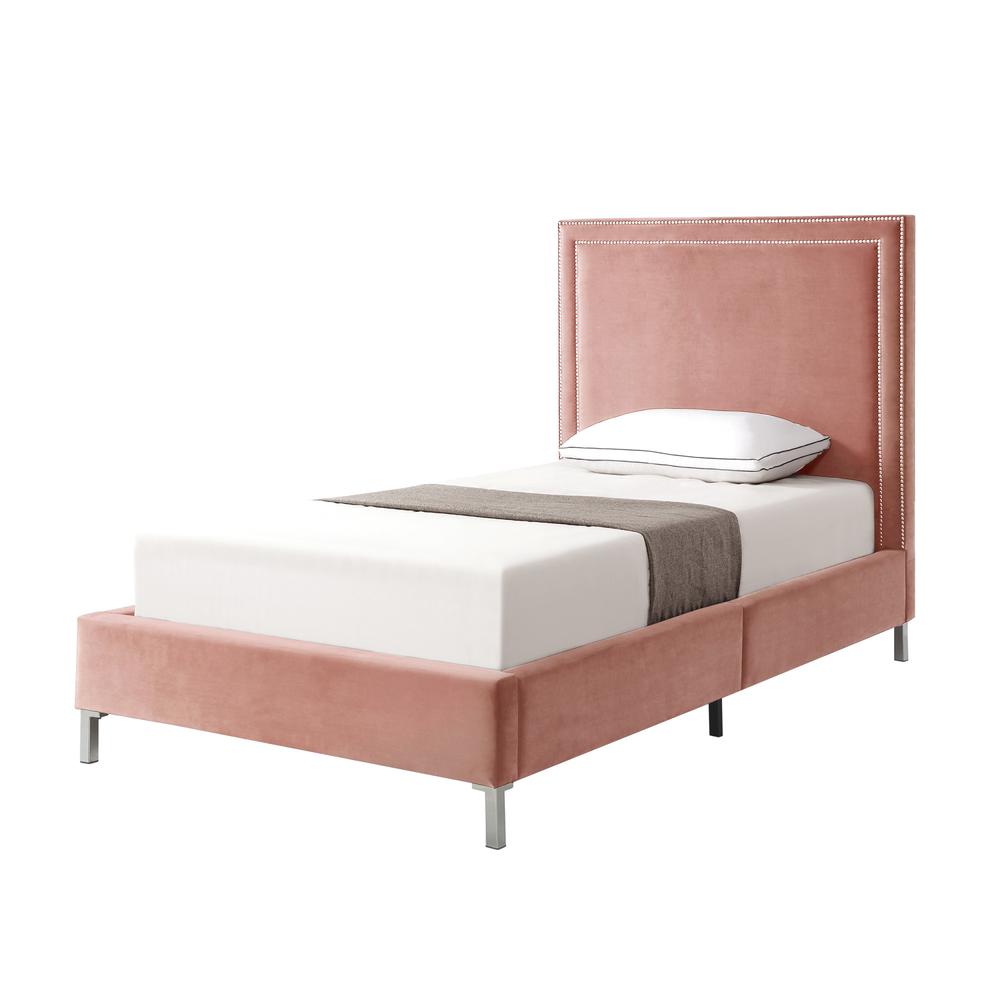 Blush Solid Wood Twin Upholstered Velvet Bed with Nailhead Trim. Picture 1